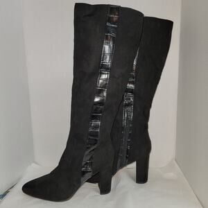 14th Union Jaki Knee High Slipon Side Zip Black Faux Alligator Heel Boots Size 9